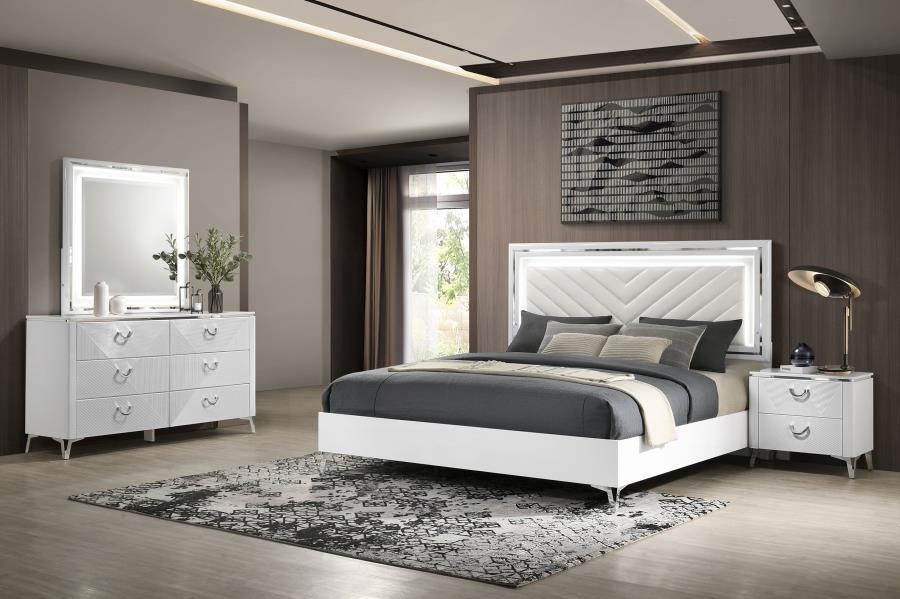 Cassia 4-piece Eastern King LED Bedroom Set White High Gloss (image for) Cassia 4-piece Eastern King LED Bedroom Set White High Gloss