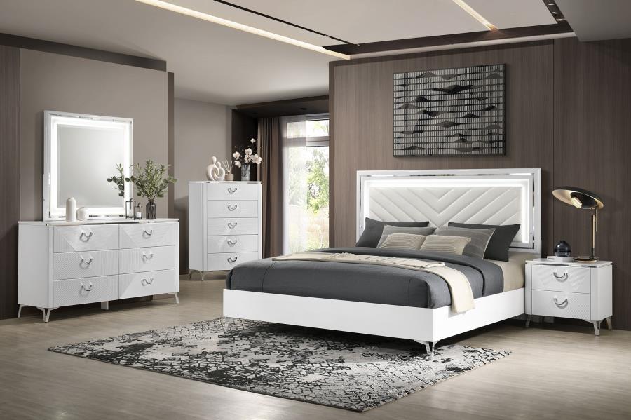 Cassia 5-piece Queen LED Bedroom Set White High Gloss (image for) Cassia 5-piece Queen LED Bedroom Set White High Gloss